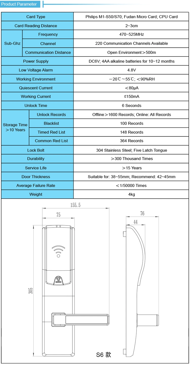 Wireless Electronic Keyless Mortise Door Handle RFID Smart Lock for Hotel